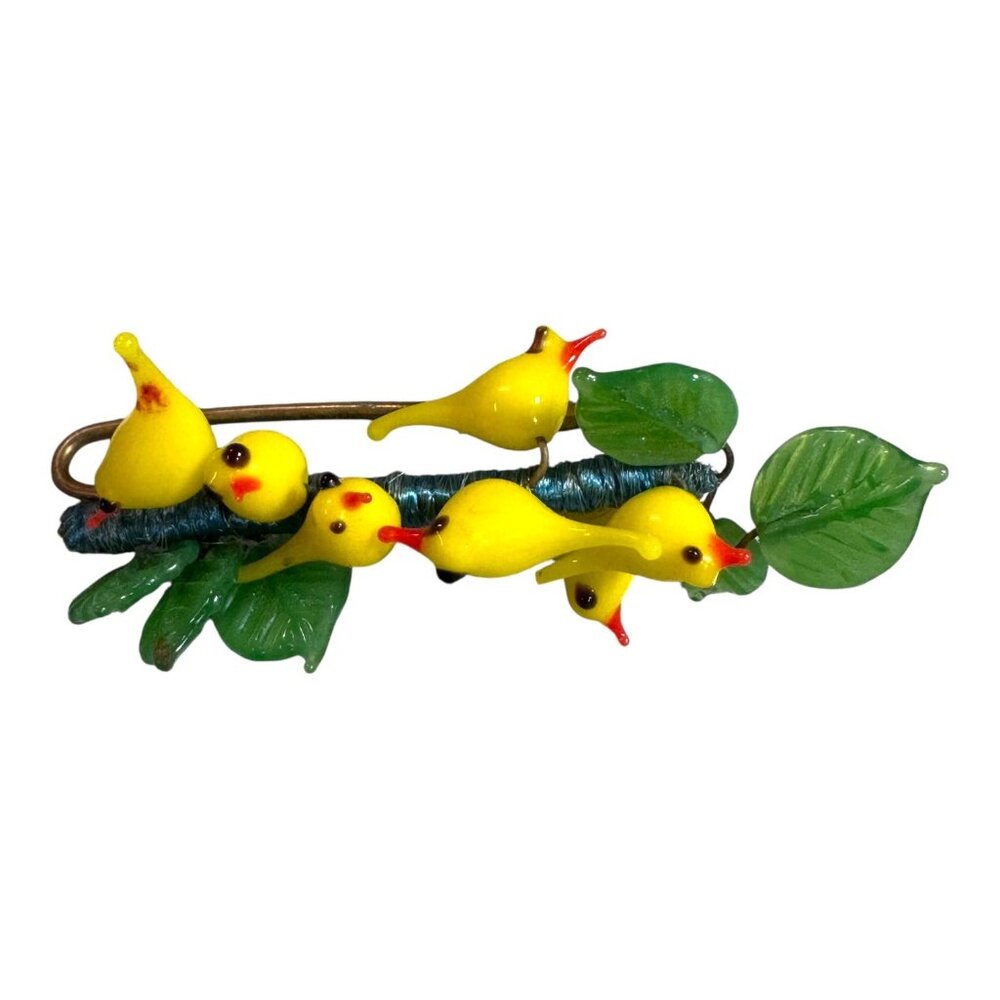 Vintage Venetian Murano Yellow Bird & Leaf Brooch Pin Canaries Glass Leaves Rare